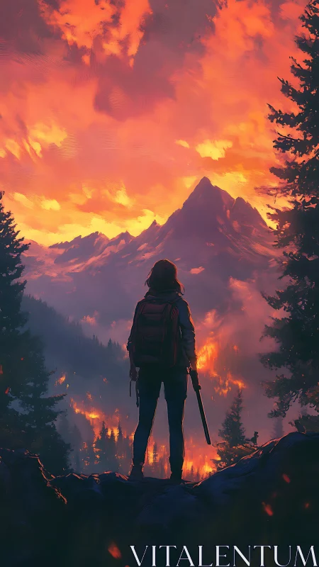 Lone wildfire wanderer under molten mountain sky.