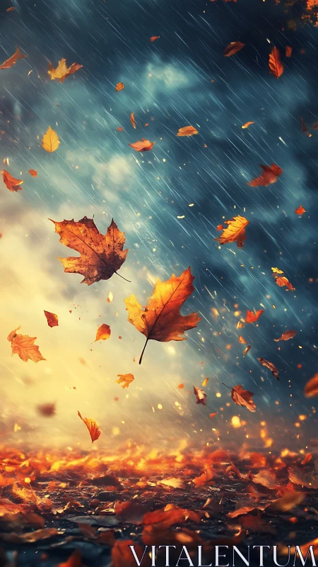 Autumn leaves spiral through storm-lit rain with cinematic depth