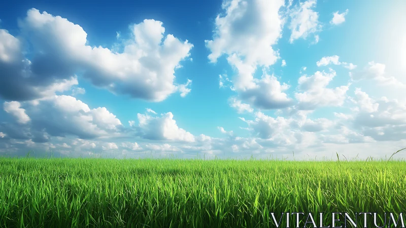 Hyperreal grassy meadow under cumulus cloudscape and blue sky