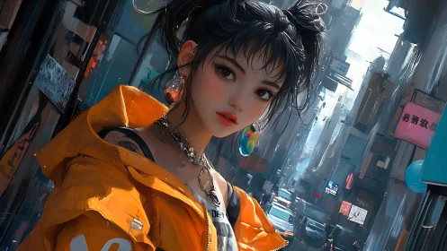 Cityside glow with a neon‑bright girl in an orange jacket.