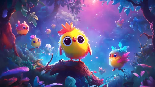 Magical Birds Create Wonder in an Enchanted Forest of Neon Dreams