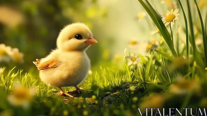 Fluffy Chick Among Spring Flowers and Grass.