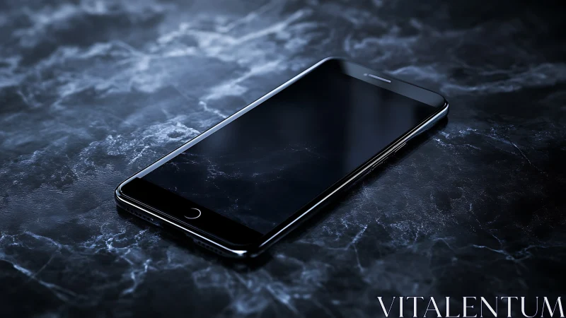 Black smartphone on dark marble surface in soft light.