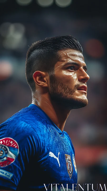 Focused footballer under stadium lights in blue kit.