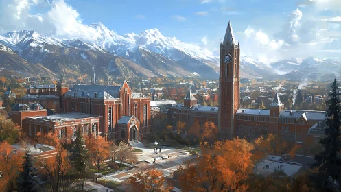 Autumn campus with clocktower below bright alpine mountains.