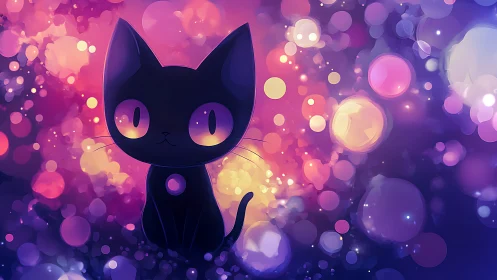 Cel-shaded black cat silhouette amid luminous multicolor bokeh field