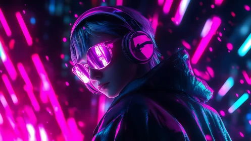 Neon-clad cyber youth turns amid glowing magenta light streaks.
