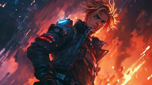 Cybernetic street operative amid kinetic neon firestorm