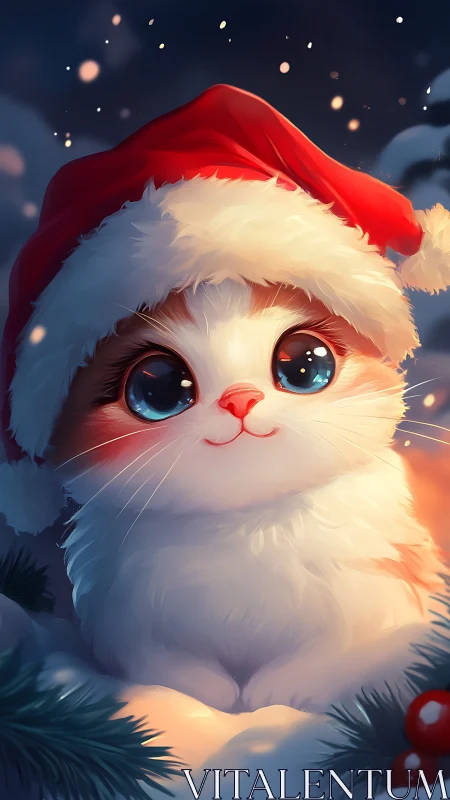 Cute Christmas kitten in red Santa hat at night.