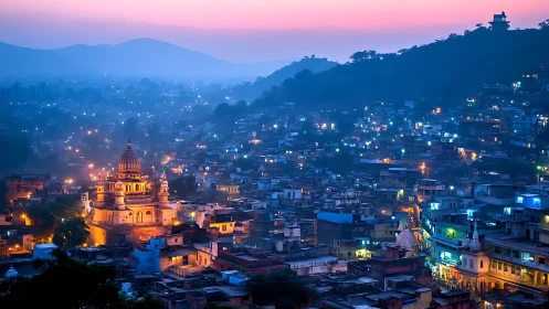 Temple glow curls through a misty valley of waking lights