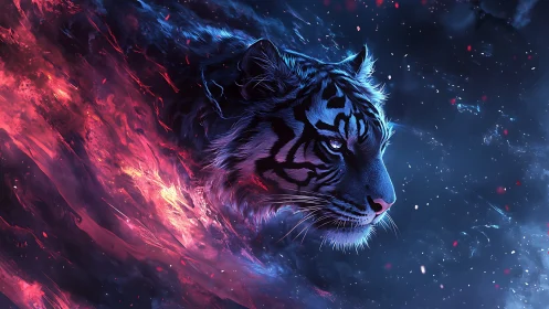 Plasma-veined cosmic tiger rendered in luminous neon gradients.