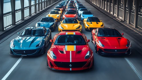 Chromatic supercar stampede charging across city bridge.