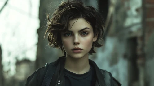 Steel-eyed drifter girl amid crumbling city echoes.