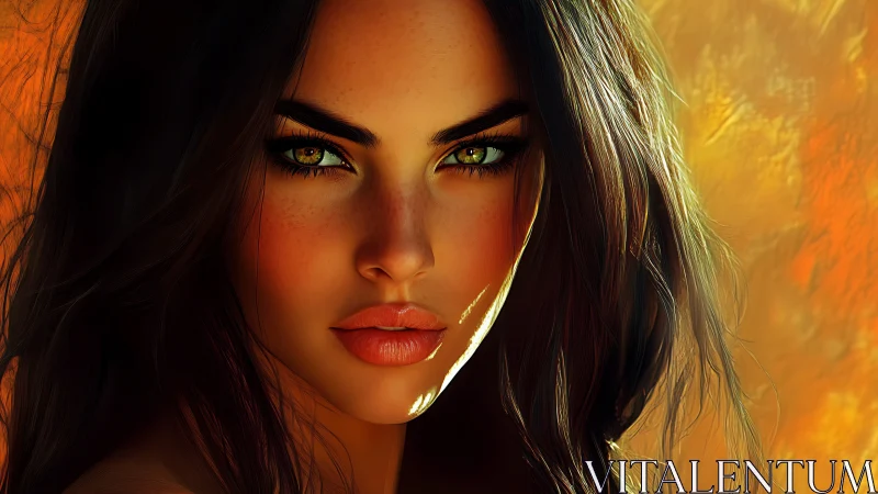 Fiery portrait of freckled woman with emerald reflective eyes.