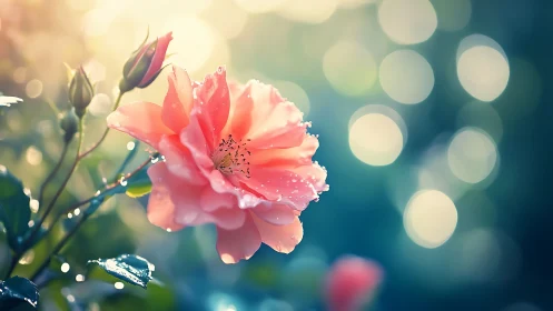 Pink Rose with Dewdrops Glowing in Soft Morning Light