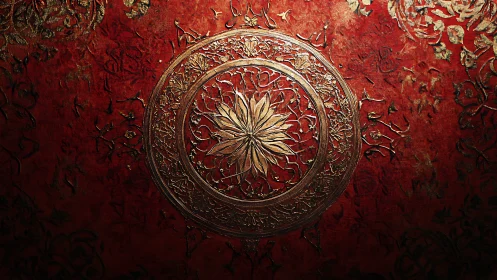 Ornate gilded mandala blooms over textured crimson field