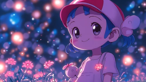Smiling blue haired child glows in dreamy flower meadow.