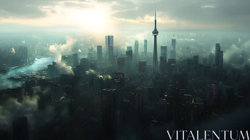 Dense high-rise skyline with central communication tower at dusk.