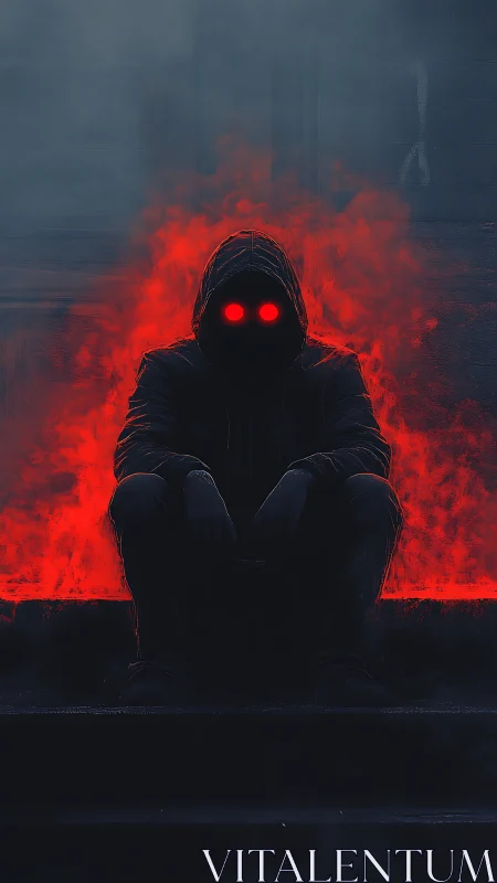 Mysterious hooded watcher rests amid glowing red smoke