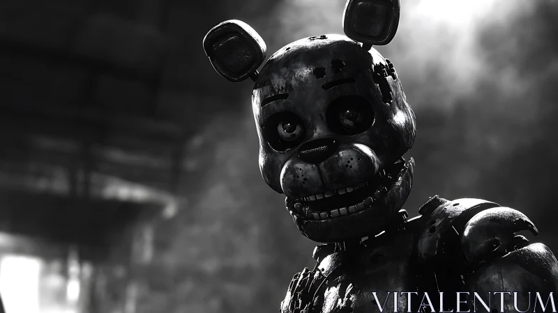 Corroded animatronic bear under volumetric backlight scrutiny.