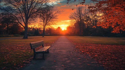 Empty park bench faces glowing autumn sunset horizon.
