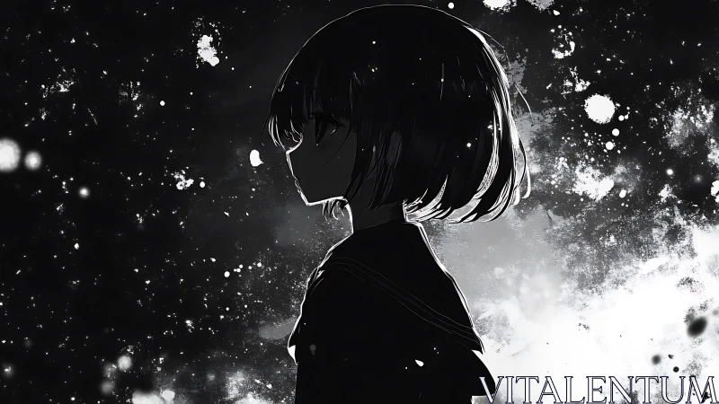 Solitary anime girl in cosmic monochrome splatter night.
