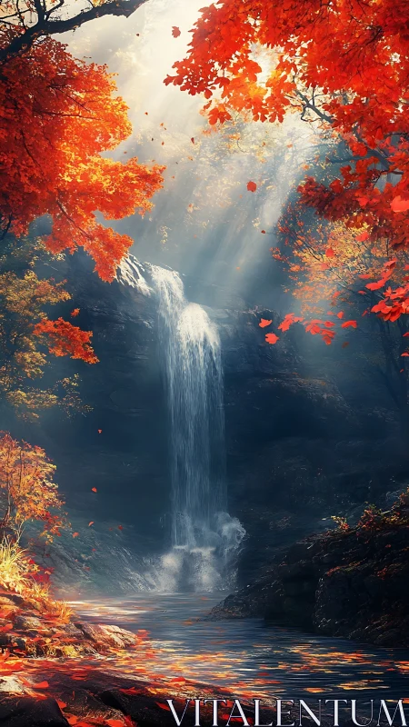 Autumn waterfall descends through glowing forest ravine