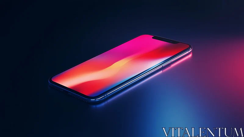 Sleek smartphone glows on neon-lit surface in dark space