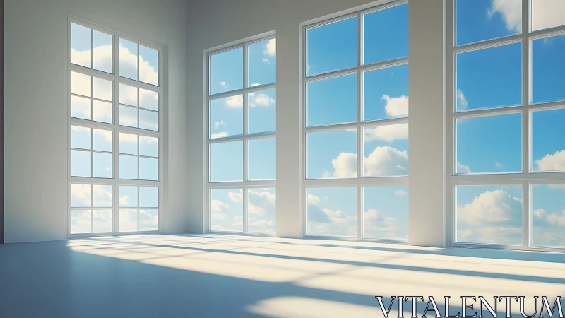 Sunlit minimal interior with large grid windows and soft shadows