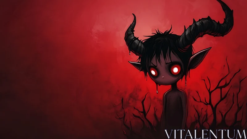 Horned demon child stands in red background with branches