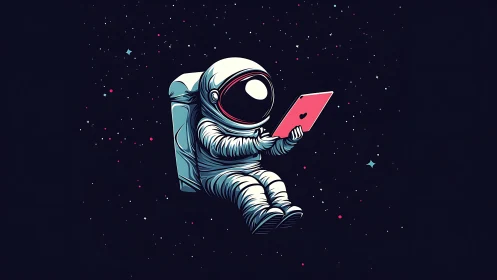 Cozy stargazing astronaut scrolling love notes in space.