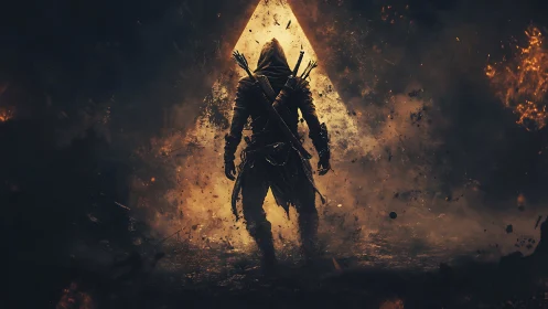 Hooded fantasy warrior stands before burning triangle portal.