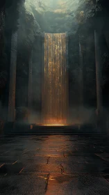 Luminous molten waterfall in monolithic cavern chamber.