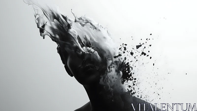 Surreal monochrome bust dissolving into smoke and shards.