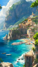 Coastal Mediterranean Village with Vertical Cliff Face Architecture and Turquoise Waters