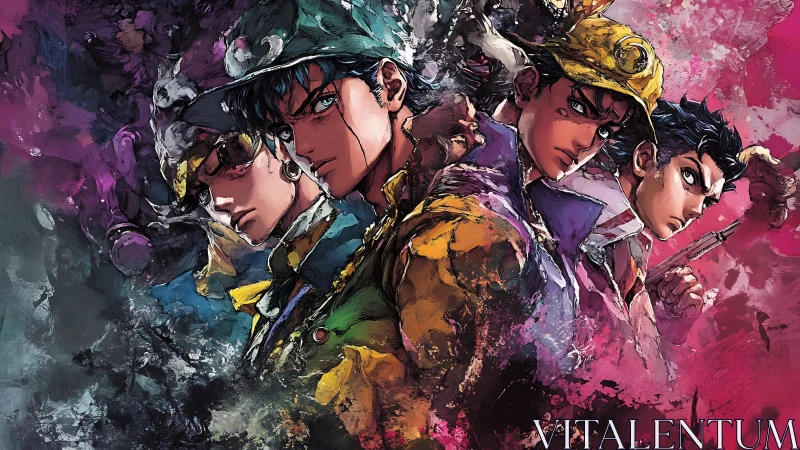 Dynamic anime ensemble in expressive splatter composition.