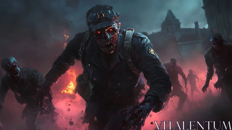 Undead soldier horde advancing through infernal war ruins.