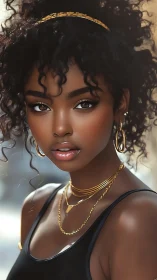 Curly haired woman in gold jewelry looks directly at viewer