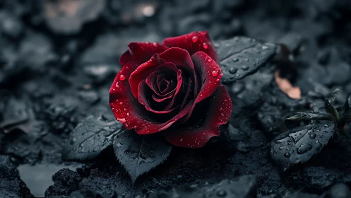 Dark crimson rose rests on wet ground after rainfall