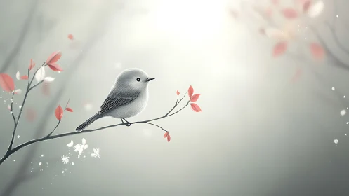 Delicate songbird on branch in dreamy minimalist illustration.