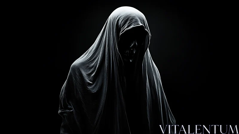 Volumetric-lit shrouded reaper figure in high contrast darkness.