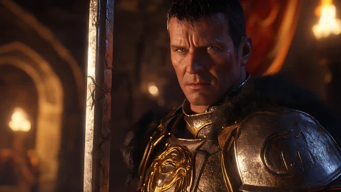 Armored knight under warm volumetric lighting examines battle-worn blade