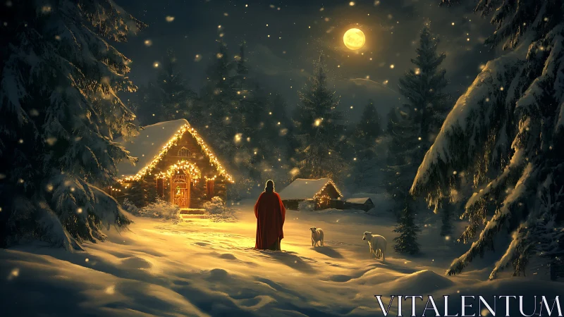 Moonlit alpine cabin with cloaked figure and dogs in snow