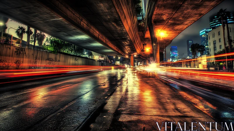 Long-exposure urban overpass captures neon traffic trails at night