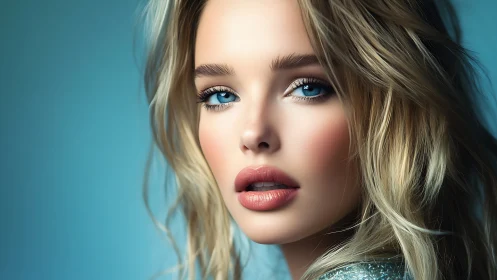Blonde portrait with vivid blue eyes and soft studio glow.