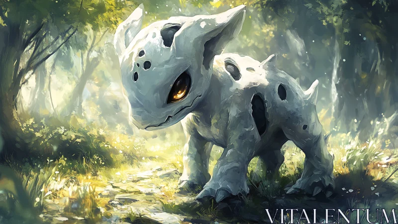 Stone armored creature walks through bright forest path