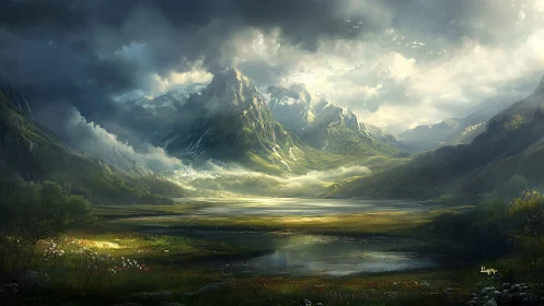 Sunlit mountain valley with misty peaks and tranquil lake.