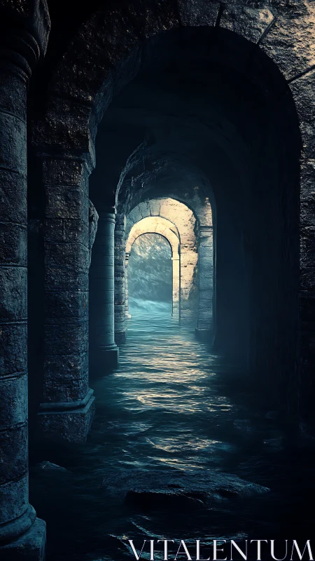 Subterranean stone arcade channels reflective tidal water in blue light