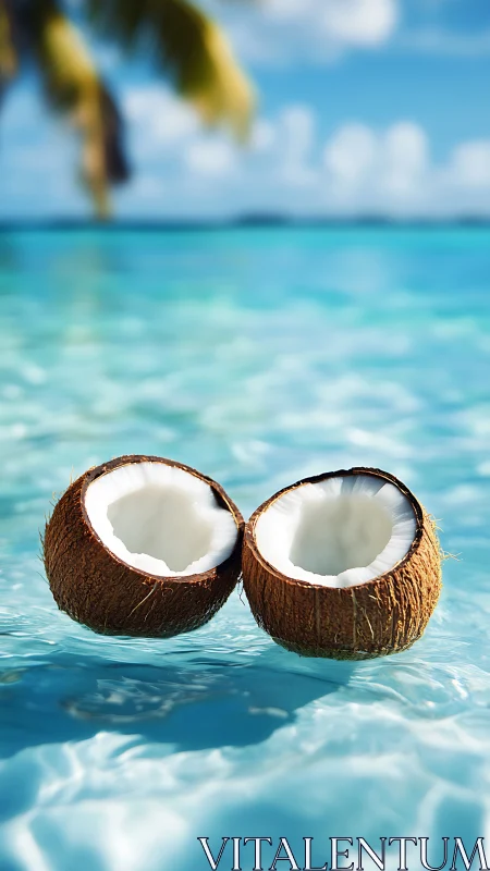 Bisected coconut halves floating in crystalline tropical waters with palm fronds