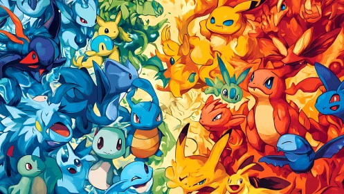 Elemental creature groups in symmetrical color composition.